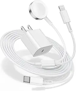 2 in 1 Fast Charging Cable for Apple Watch and iPhone With 20W USB-C Charger - 6FT Cord Compatible With iWatch Series Ultra2/SE/9/8/7/6/5/4, iPhone 14/13/12/11 (White)