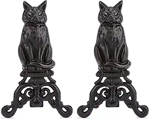 UniFlame, A-1251, Black Cast Iron Cat Fireplace Andirons with Reflective Glass Eyes